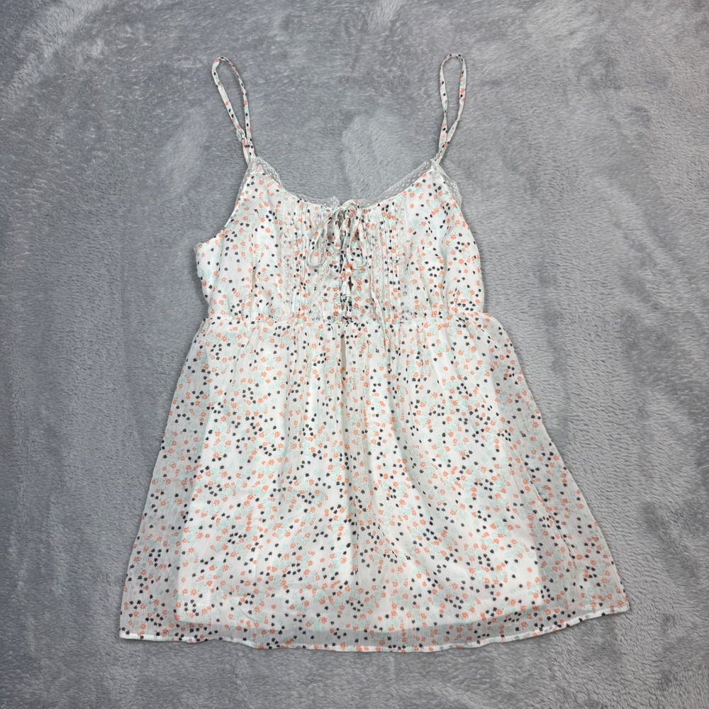 Candie's Floral Cami Tank Top Womens S White Lace Up Smocked Babydoll Y2K